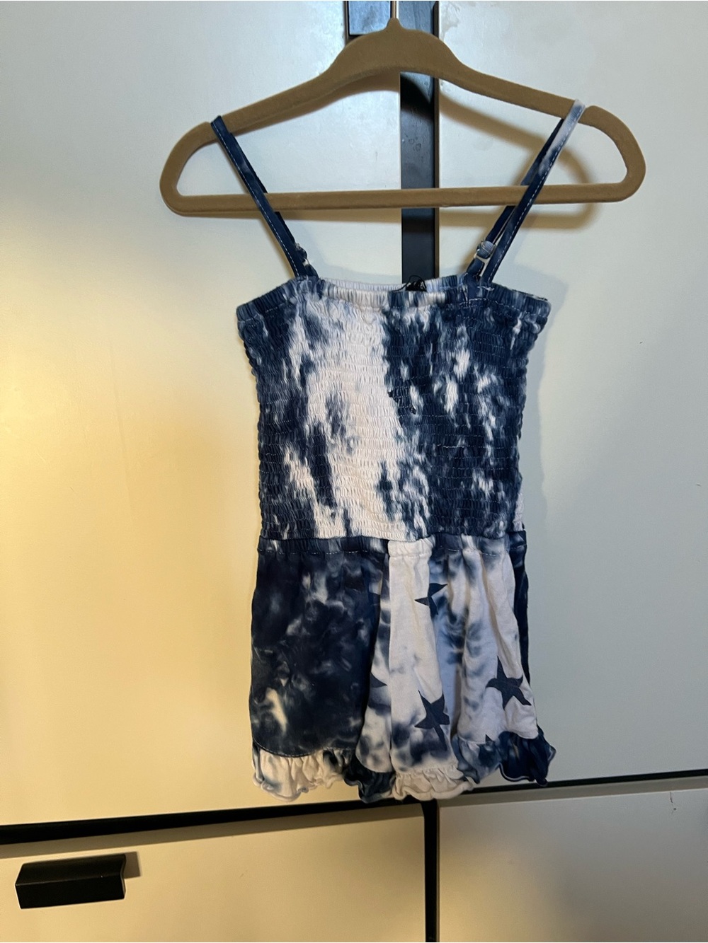 FBZ Flowers By Zoe size 4 Girls Navy White Tie-Dye Stars One-Piece Shorts Romper